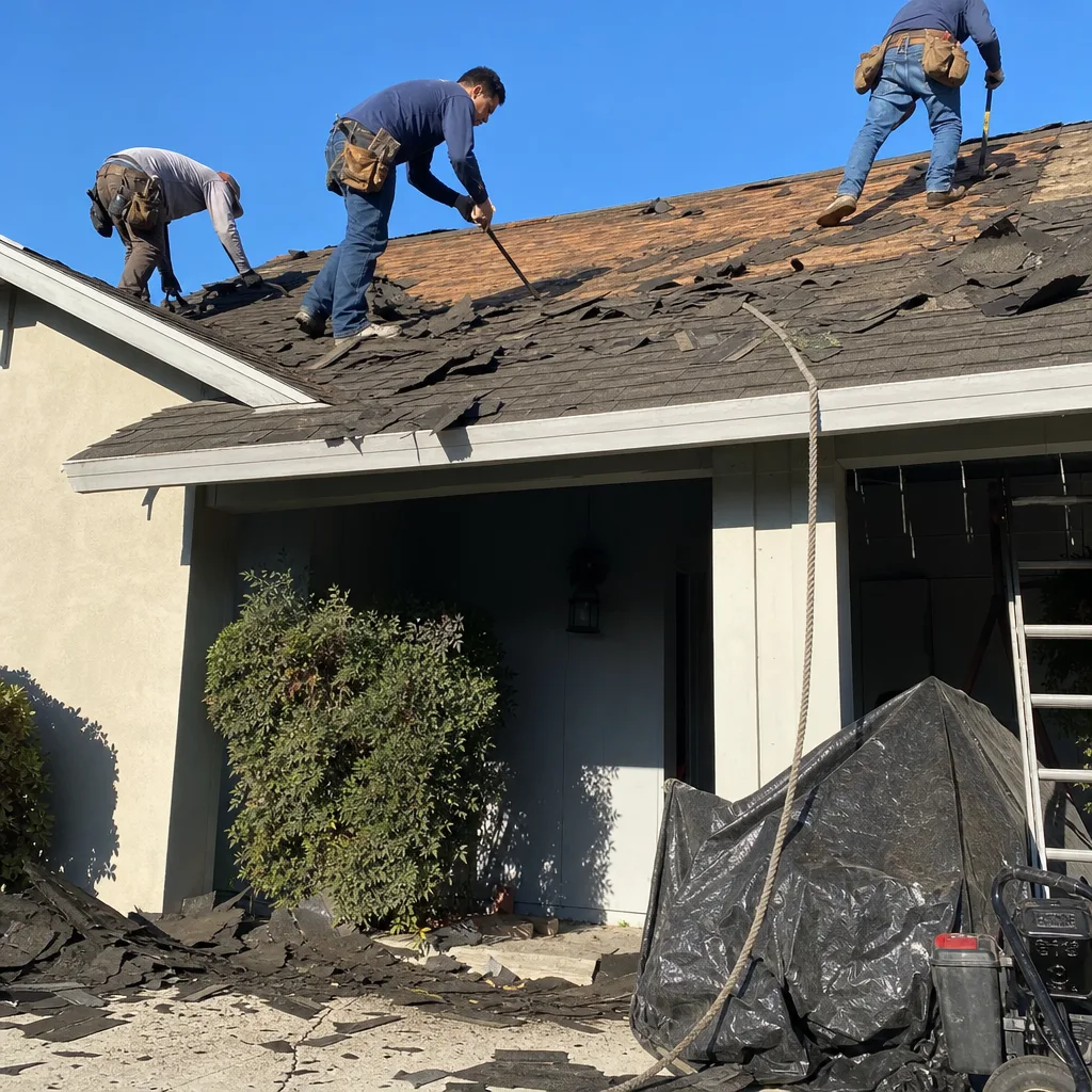 Three professional roofers removing old shingles during a residential roof installation project.