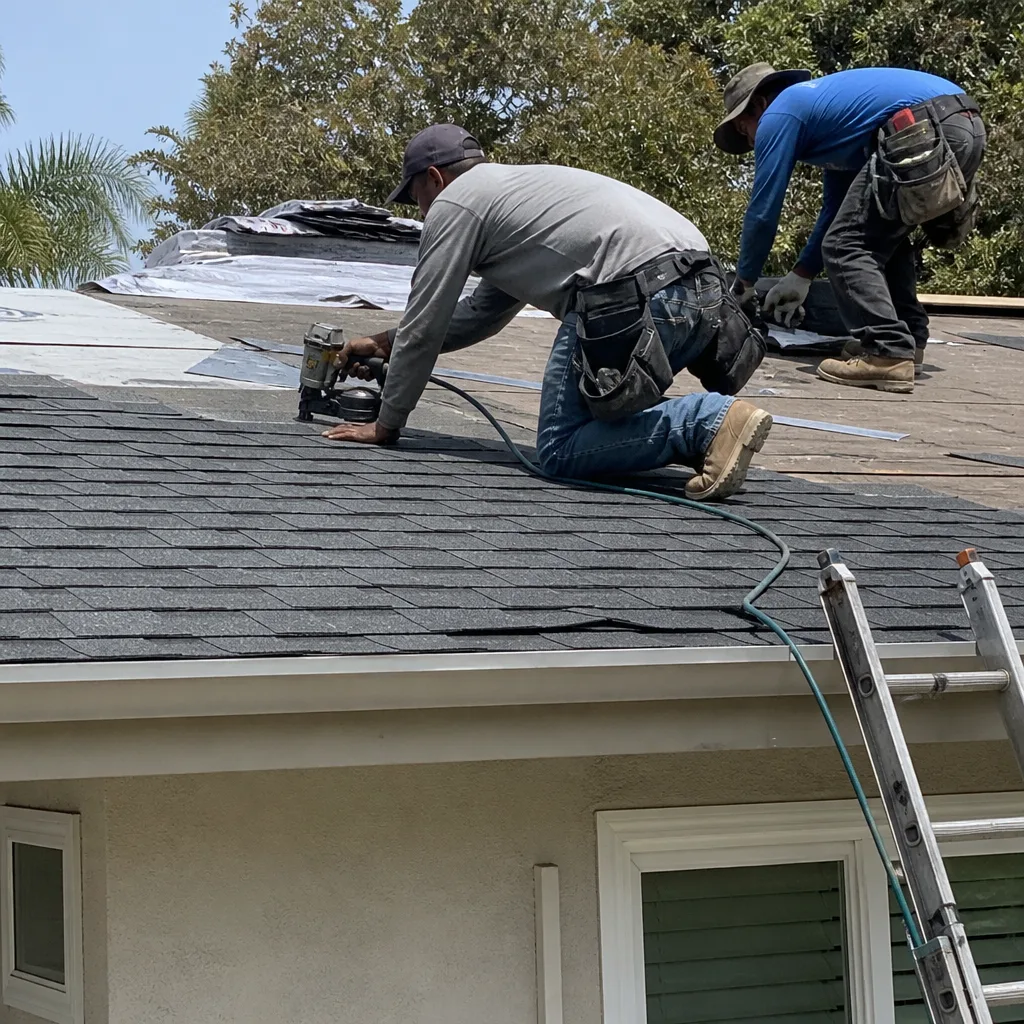 Two professional contractors performing roof installation with nail guns