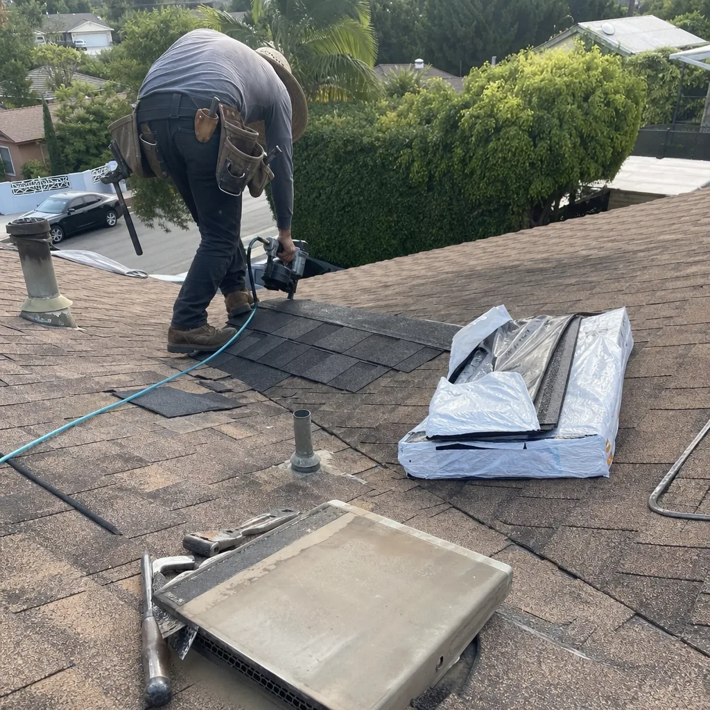 Professional roofer performing asphalt shingle repair on a residential roof