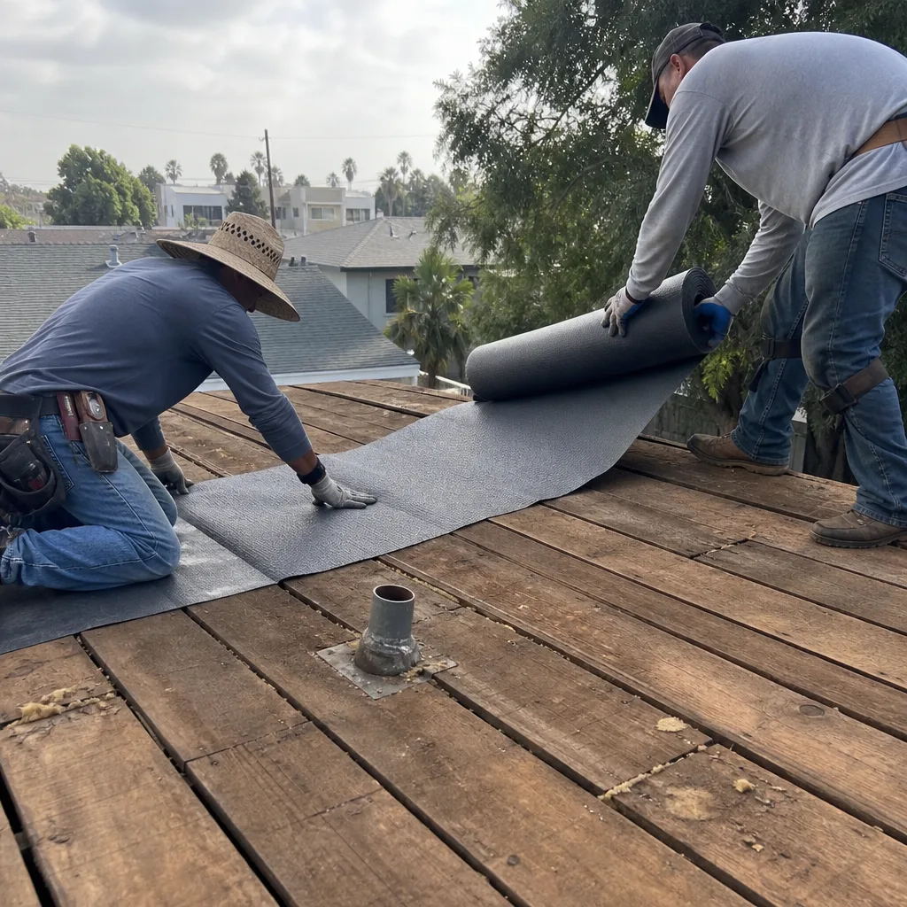 Roofers installing underlayment on a wooden roof deck