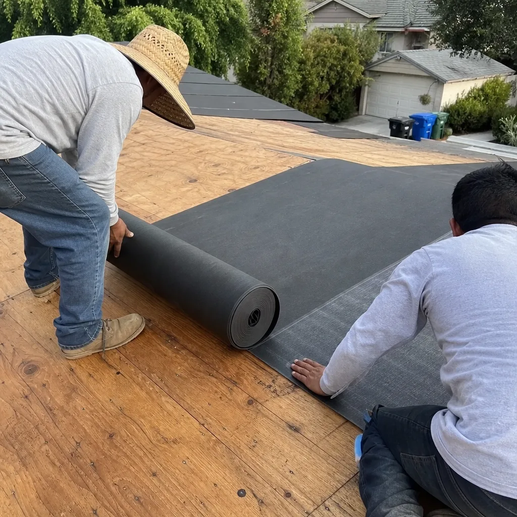 Two roofing contractors installing black underlayment on a wooden roof deck.