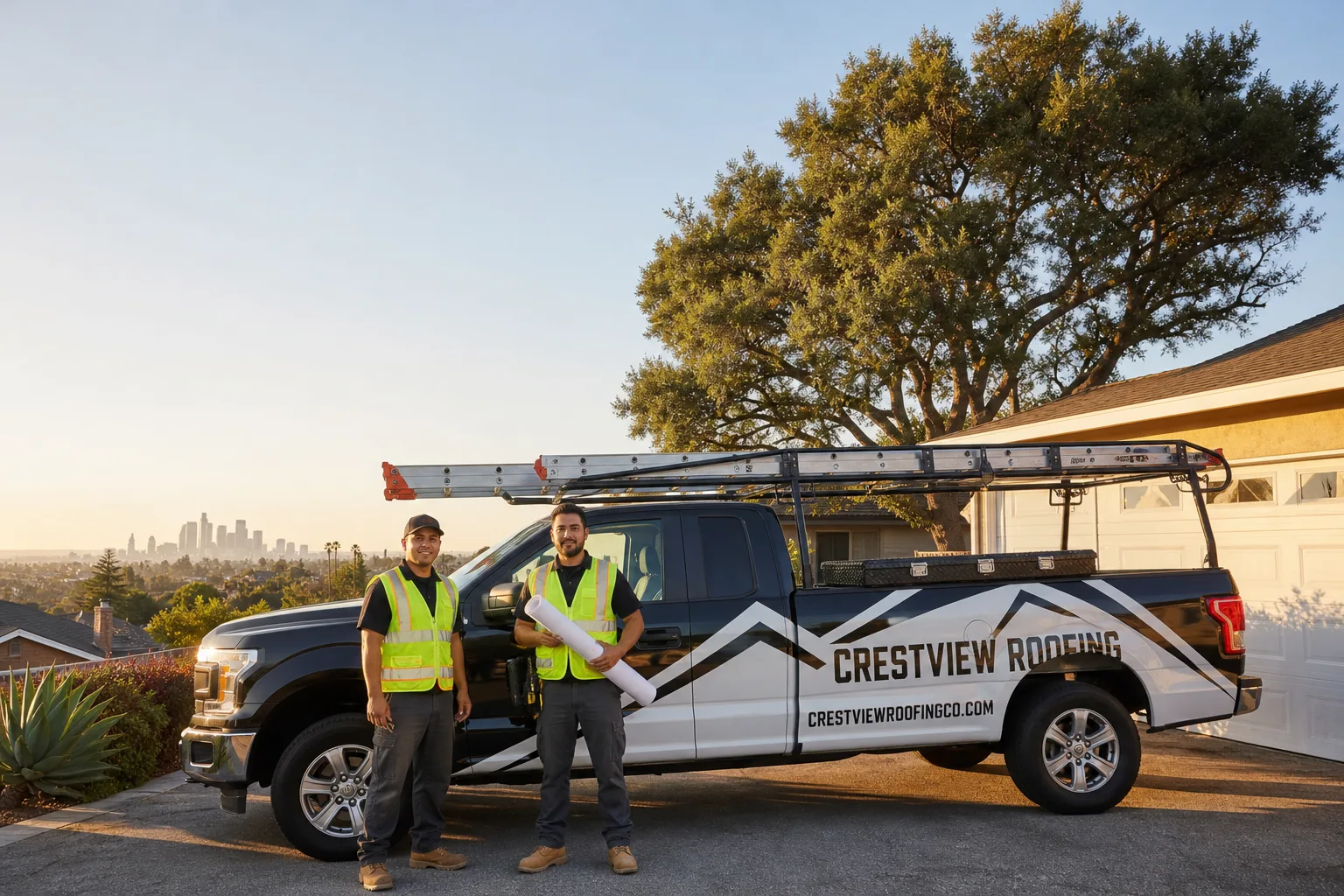 Crestview Roofing roofing technicians and branded service vehicle